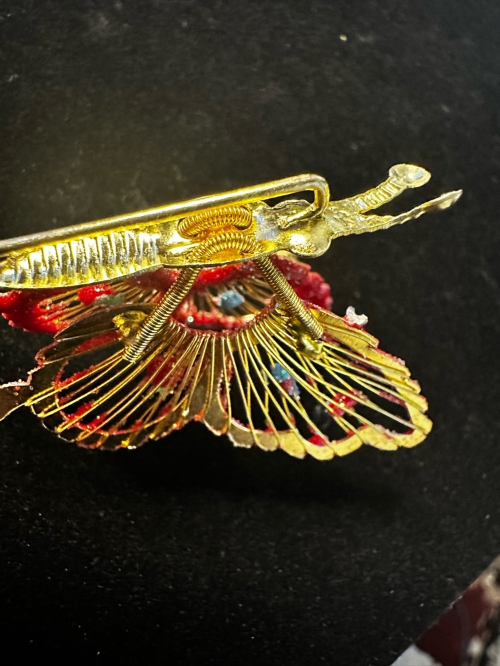 Vintage Red Glitter Butterfly Brooch with Gold Accents - Picture 11 of 13